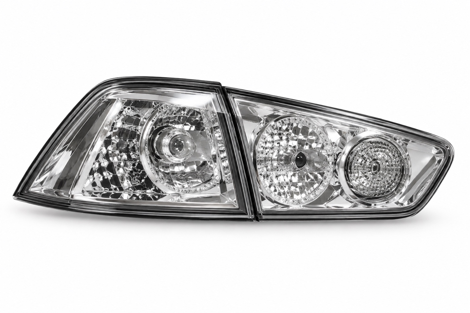 Clear Lancer CJ tail light housing on a white background showing chrome reflector bowl detail